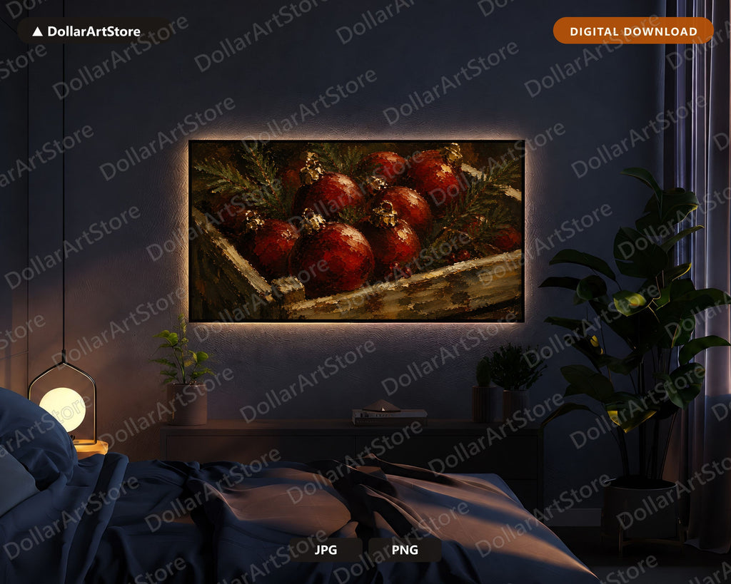 Cozy Holiday Frame TV Art, Red Ornaments Rustic Farmhouse 