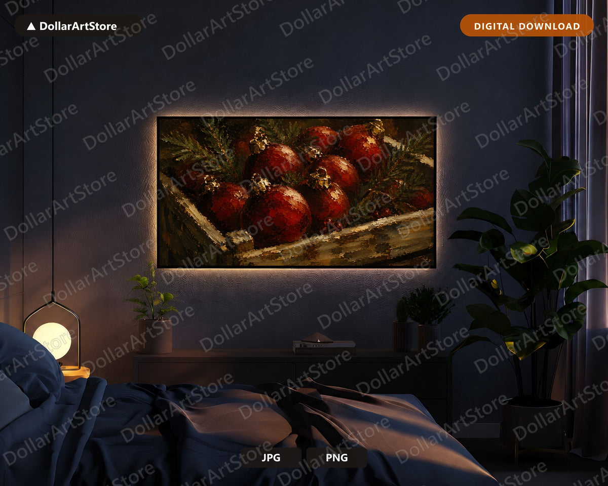 Cozy Holiday Frame TV Art, Red Ornaments Rustic Farmhouse 