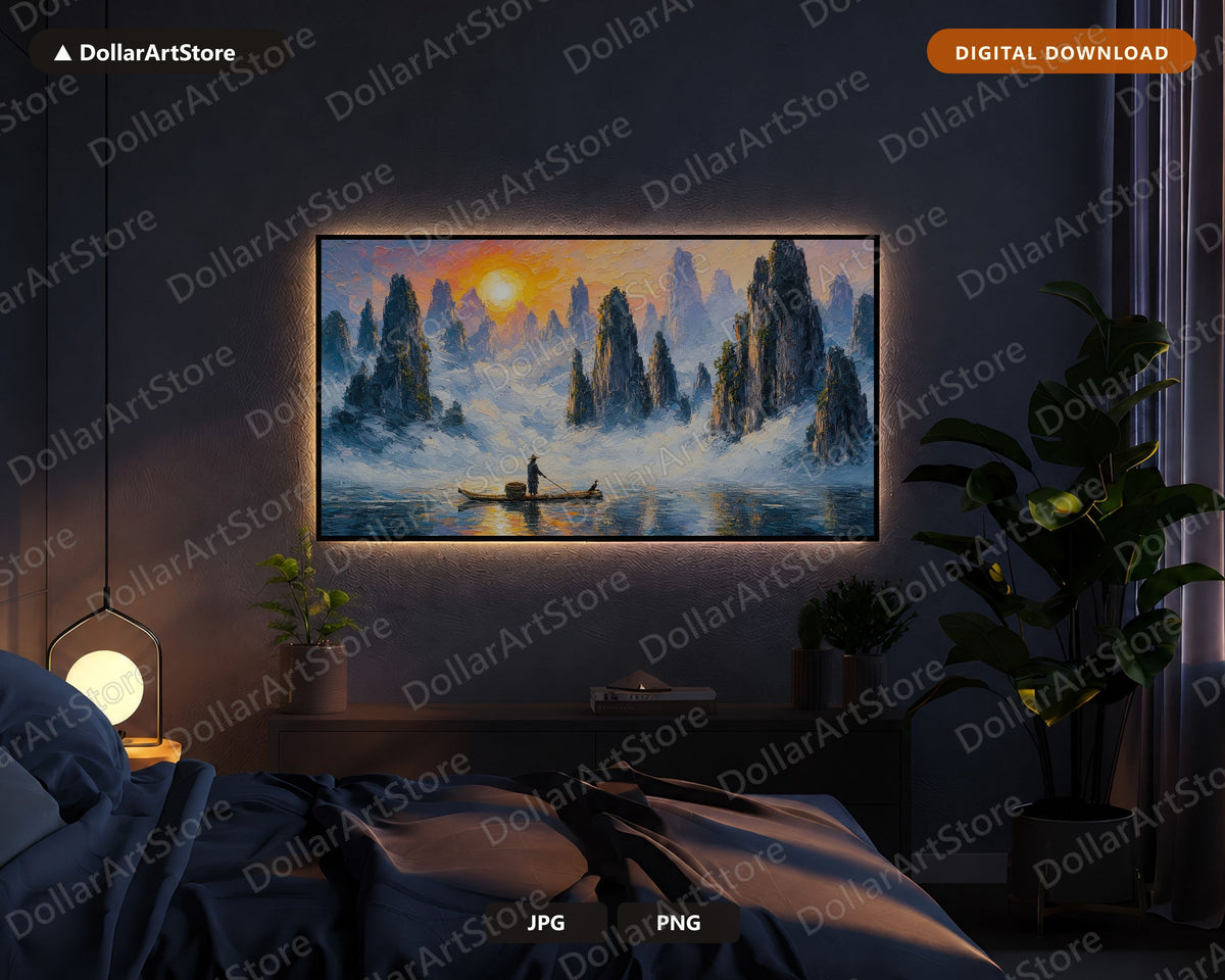 Cozy Winter Mountain Landscape Frame TV Art, Samsung TV Digital Download, 4K Scenic Textured Art