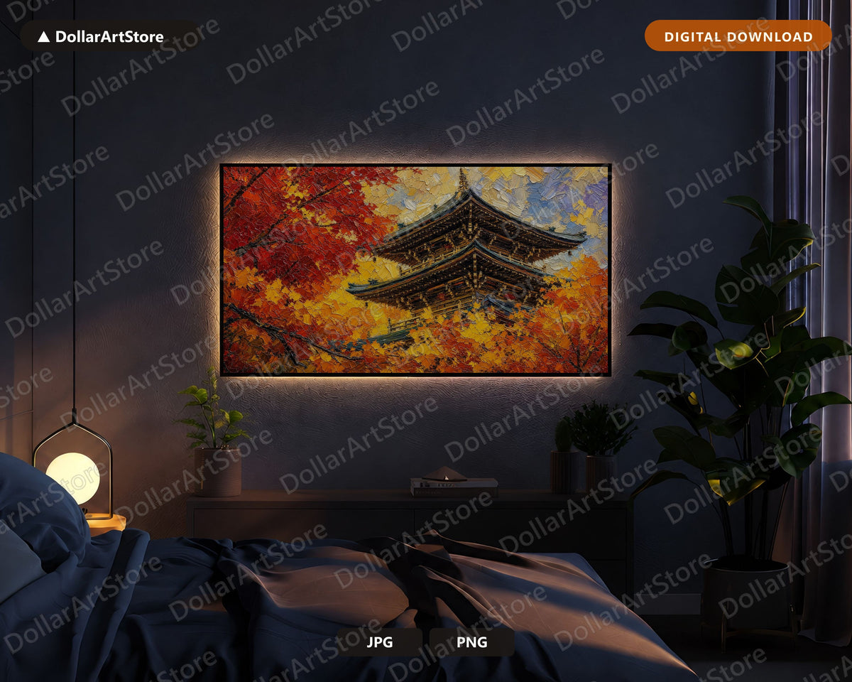 Cozy Autumn Frame TV Art, East Asian Temple Samsung Frame Digital Download, 4K Textured Scenery