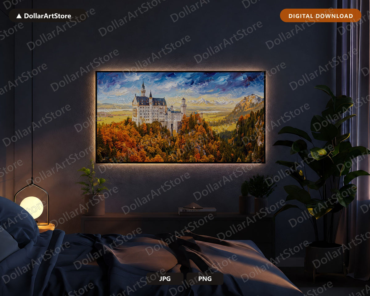 Cozy Autumn Castle Frame TV Art, Samsung Frame TV Digital Download, 4K Landscape Screensaver