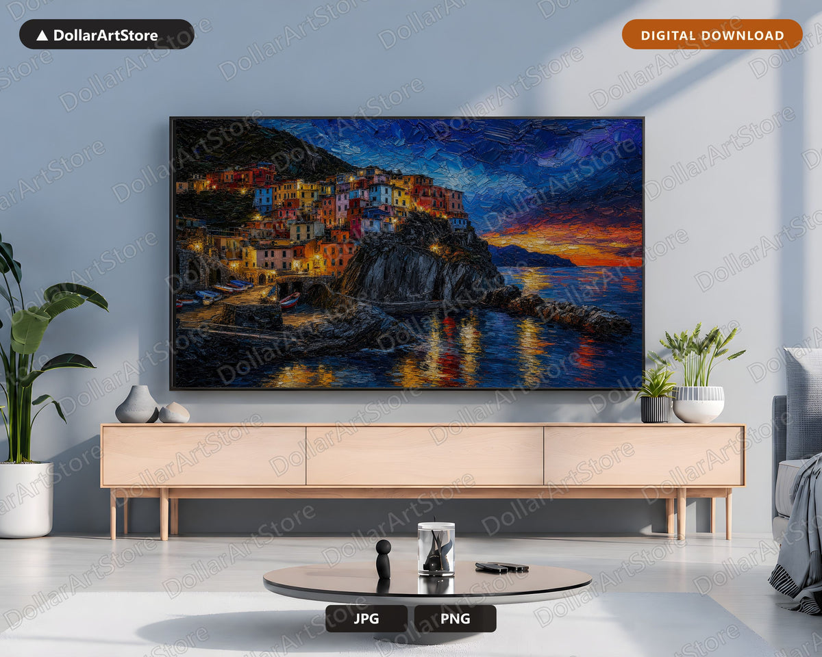 Cozy Cinque Terre Frame TV Art, Samsung Frame TV Digital Download, 4K Textured Coastal Scenery