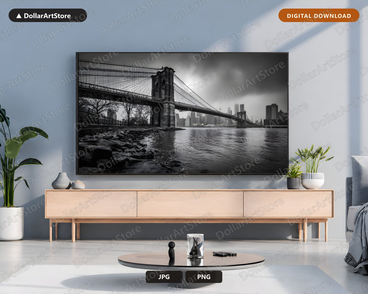 Dark Urban Scenery Frame TV Art, Brooklyn Bridge Samsung TV Download, 4K Black and White Landscape Art