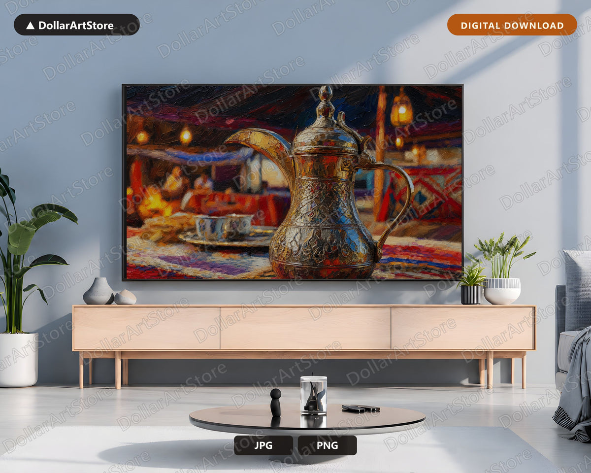 Cozy Middle Eastern Frame TV Art, Samsung TV Digital Download, 4K Textured Dallah Coffee Pot