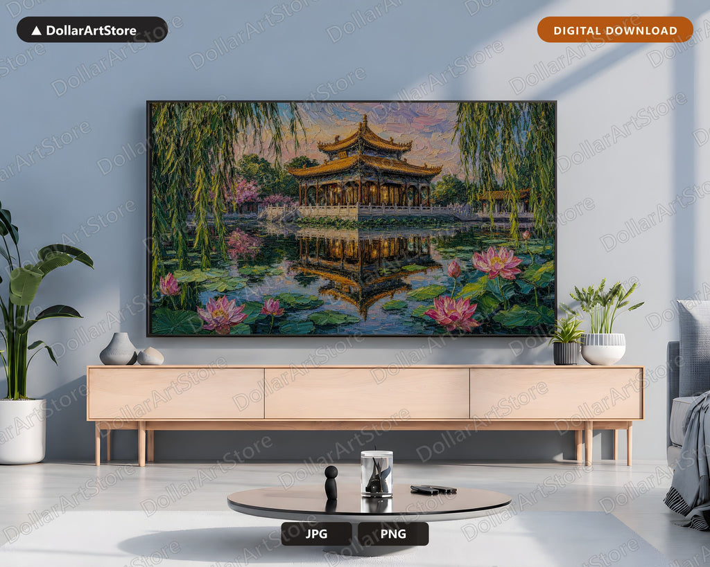 Cozy Asian Pagoda Frame TV Art, Samsung Frame TV Digital Download, 4K Textured Landscape Screensaver