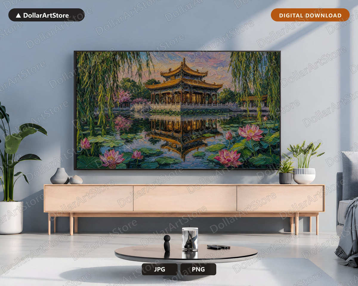 Cozy Asian Pagoda Frame TV Art, Samsung Frame TV Digital Download, 4K Textured Landscape Screensaver