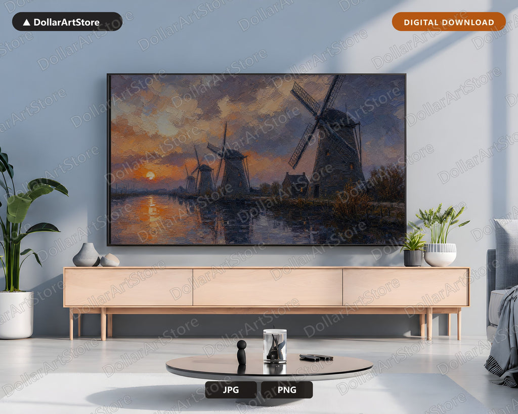 Cozy Windmill Landscape Frame TV Art, Textured Scenery Samsung TV Download, 4K Digital Artwork
