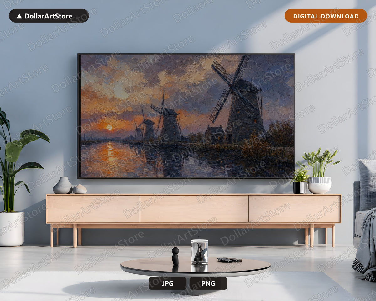 Cozy Windmill Landscape Frame TV Art, Textured Scenery Samsung TV Download, 4K Digital Artwork