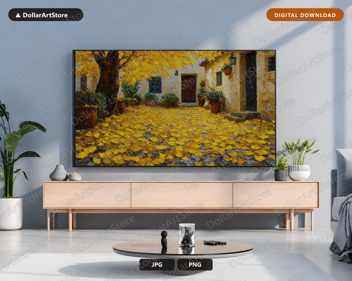 Cozy Autumn Courtyard Frame TV Art, Samsung Frame TV Digital Download, 4K Textured Scenery