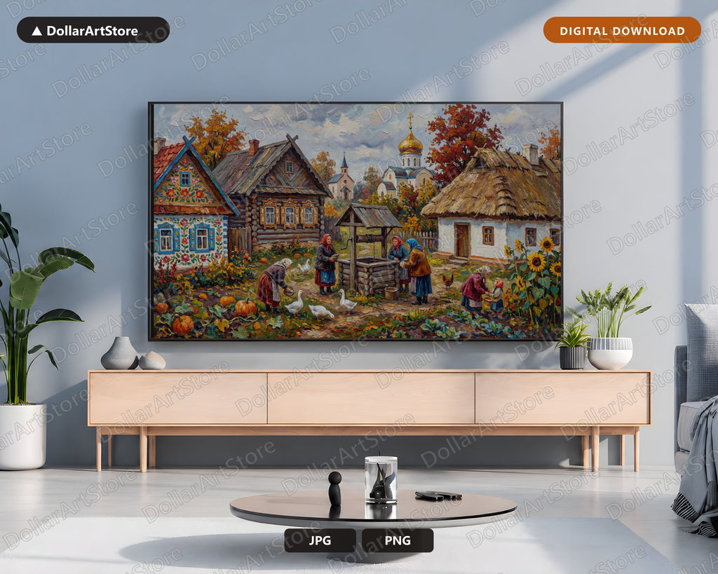 Cozy Rustic Eastern European Village Frame TV Art, Samsung Frame TV Digital Download, 4K Autumn Farmhouse Wallpaper