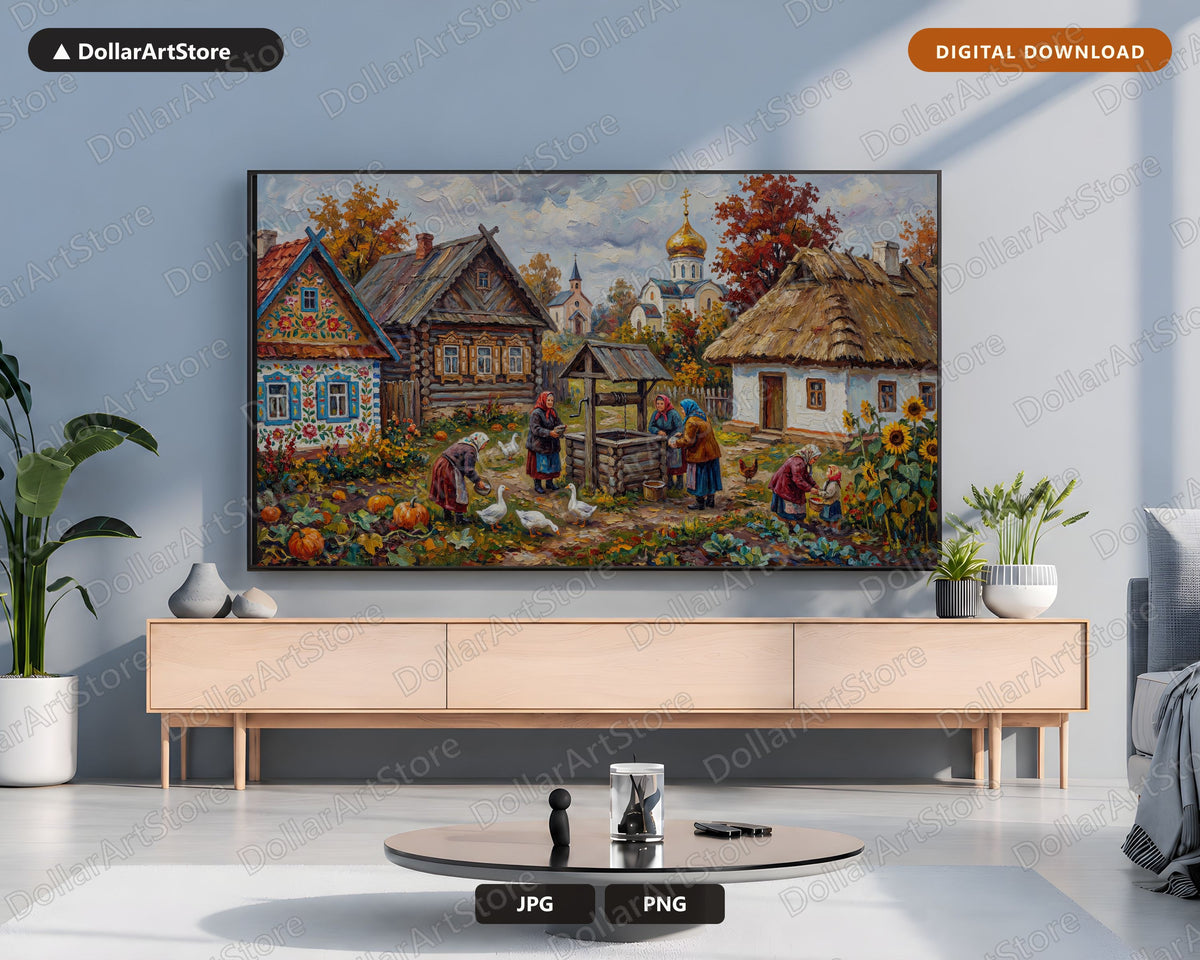Cozy Rustic Eastern European Village Frame TV Art, Samsung Frame TV Digital Download, 4K Autumn Farmhouse Wallpaper