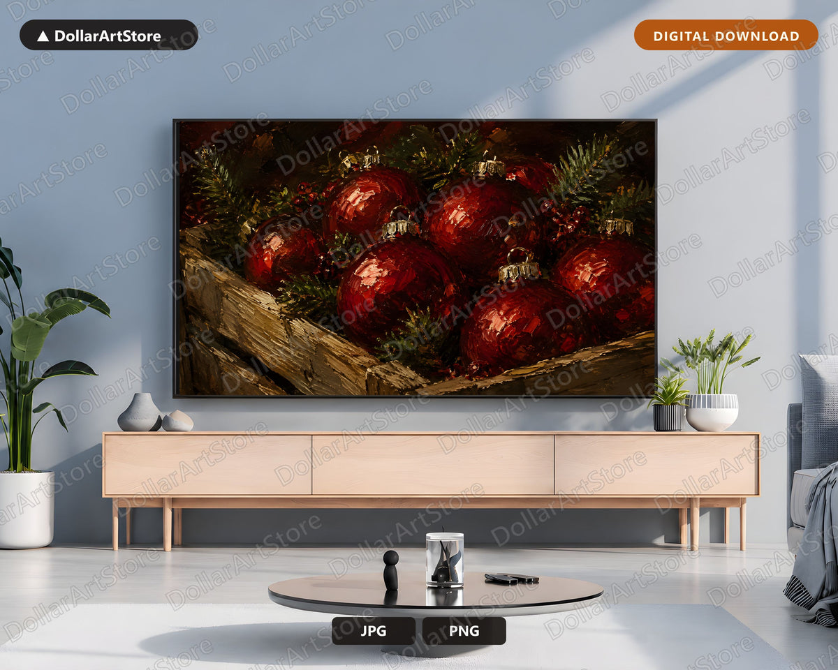 Cozy Holiday Frame TV Art, Red Christmas Ornaments 4K Samsung TV Screensaver