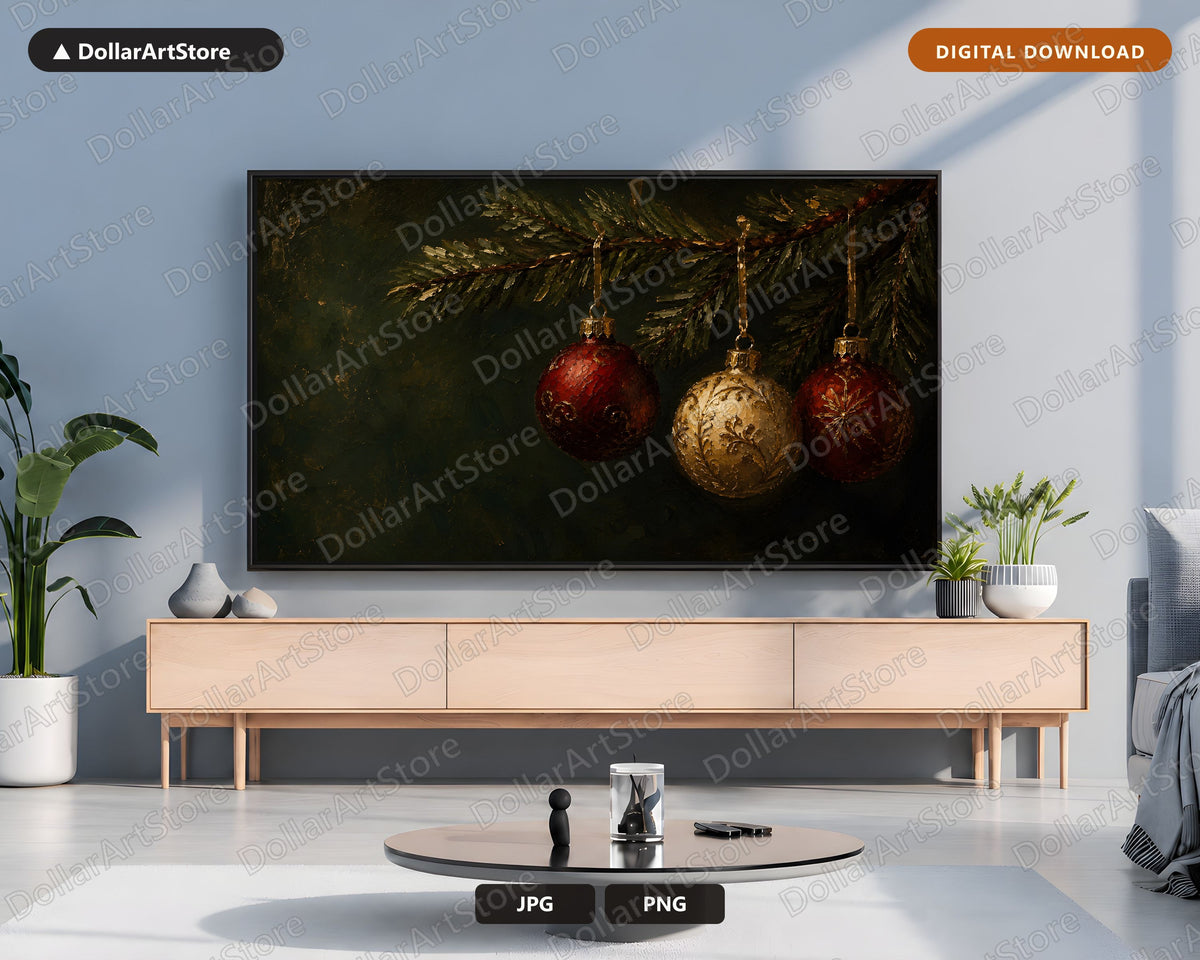 Cozy Holiday Frame TV Art, Christmas Ornament Samsung Frame TV Digital Download, 4K Rustic Textured Screensaver