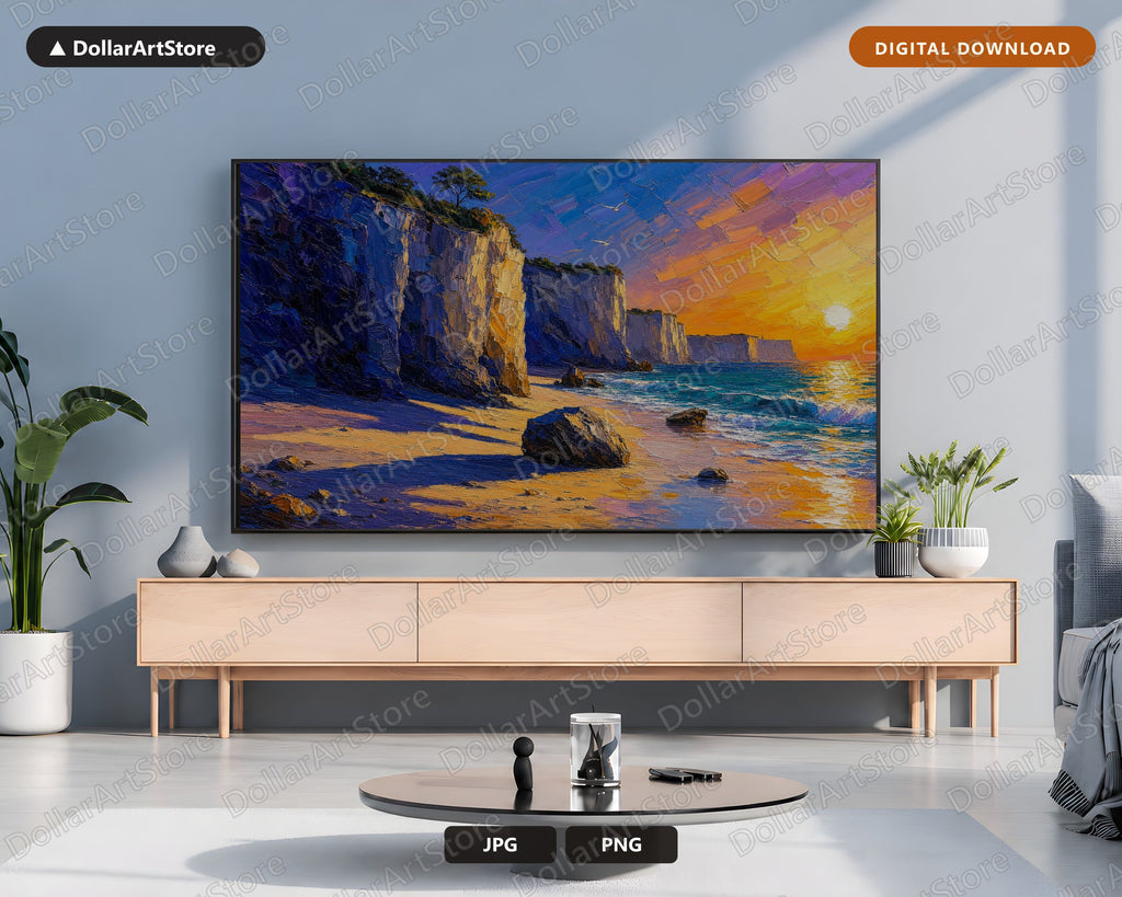 Cozy Coastal Cliffs Frame TV Art, Sunset Scenery Samsung Frame TV Download 4K