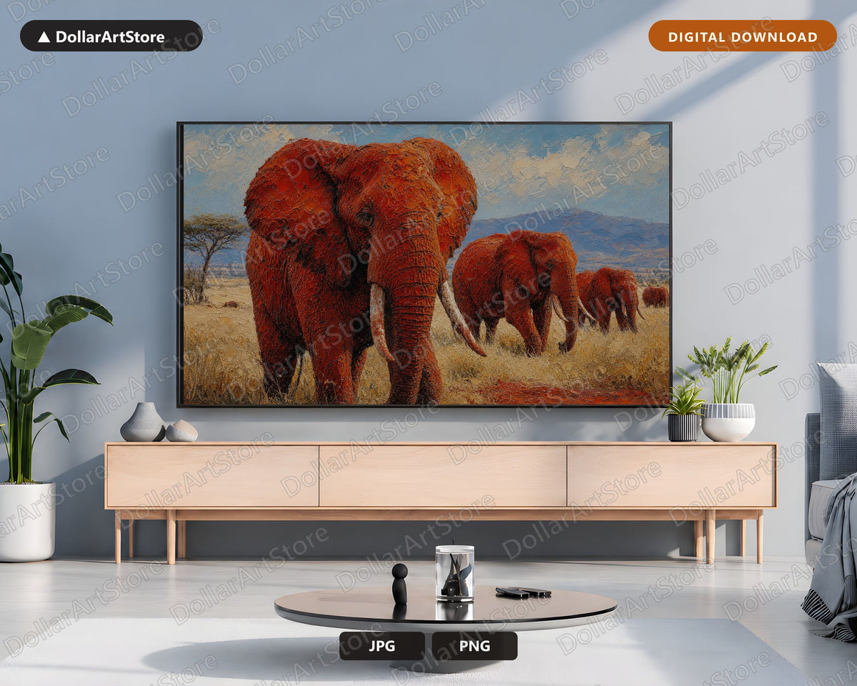 Cozy Textured Elephant Herd Frame TV Art, Samsung Frame TV Digital Download, 4K African Scenery