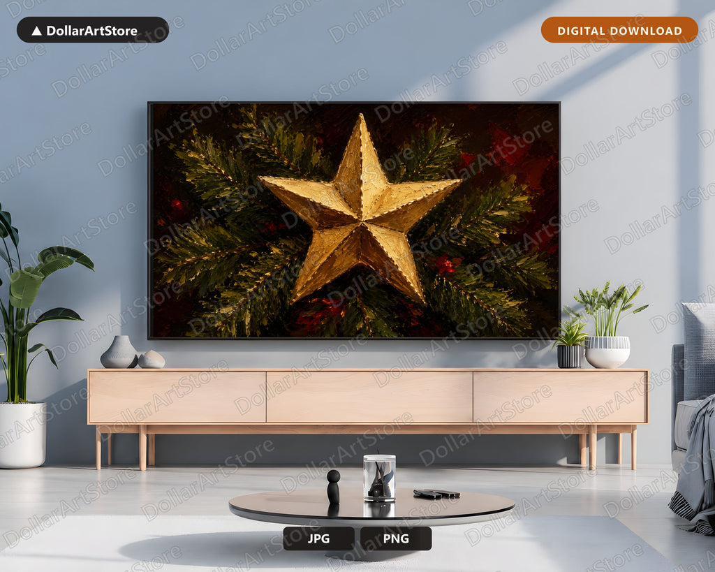 Cozy Christmas Frame TV Art, Gold Star & Evergreen, Samsung TV Digital Download 4K