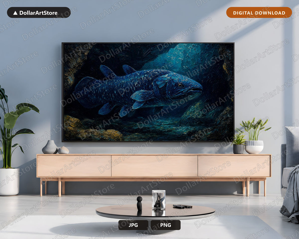 Cozy Dark Underwater Frame TV Art, Samsung Frame TV Digital Download, 4K Coelacanth Screensaver Art