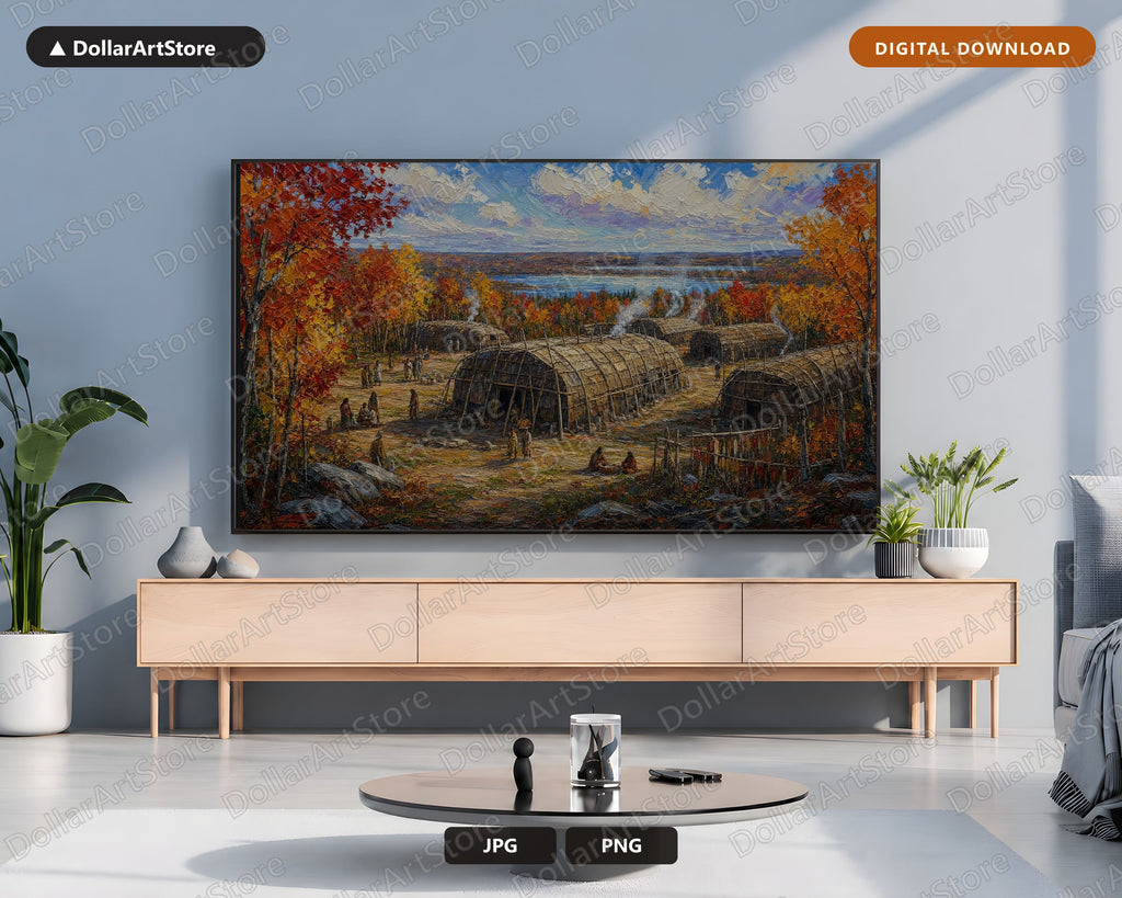 Cozy Autumn Landscape Frame TV Art, Indigenous Settlement, Samsung Frame TV Digital Download, 4K Scenery