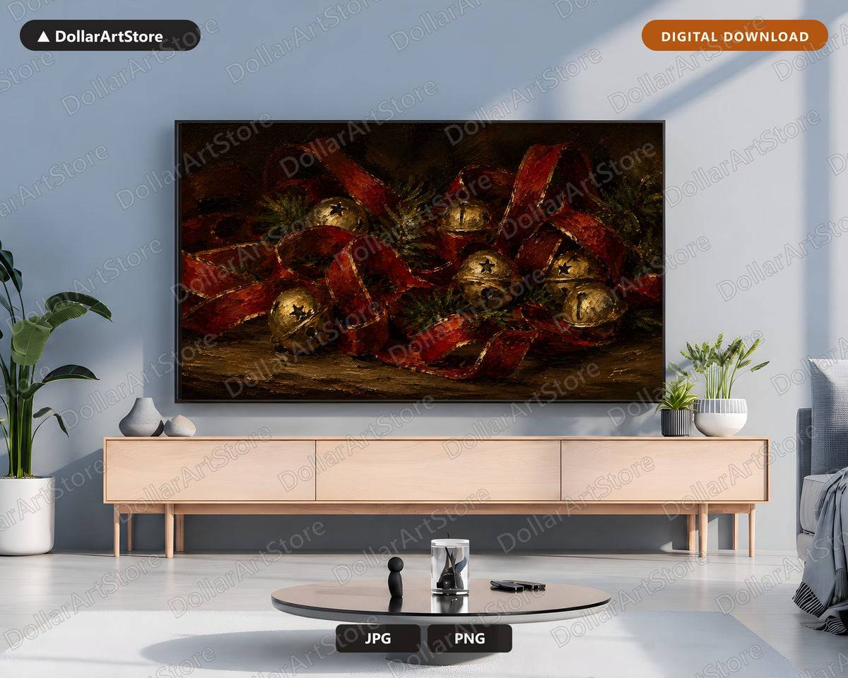 Cozy Christmas Frame TV Art, Red Gold Bells Textured Digital Download, Samsung Frame TV 4K