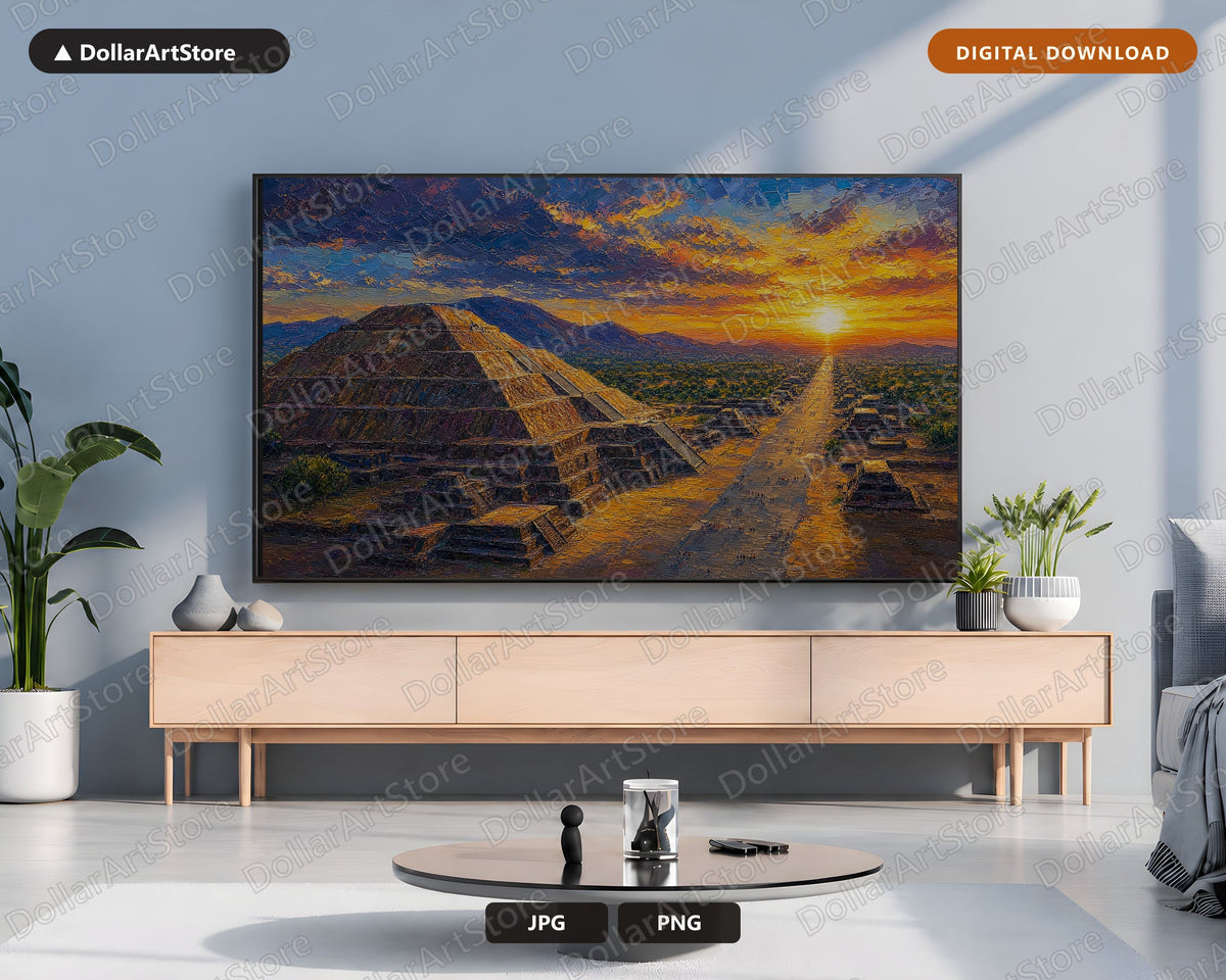 Cozy Textured Landscape Frame TV Art, Sunset Pyramids Samsung TV Digital Download, 4K Scenery Screensaver