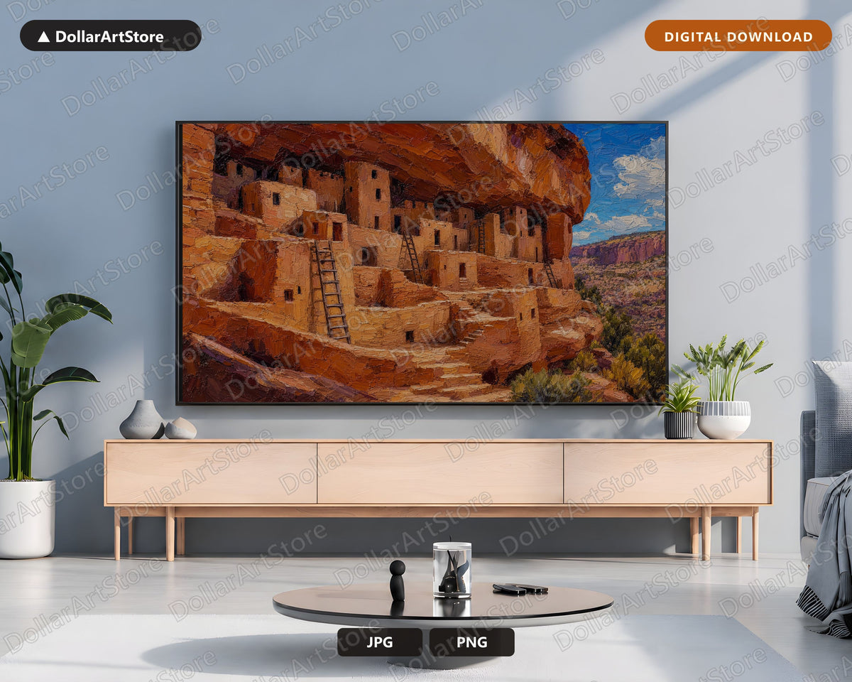 Cozy Rustic Canyon Dwellings Frame TV Art, Southwest Scenery Samsung Digital Download 4K