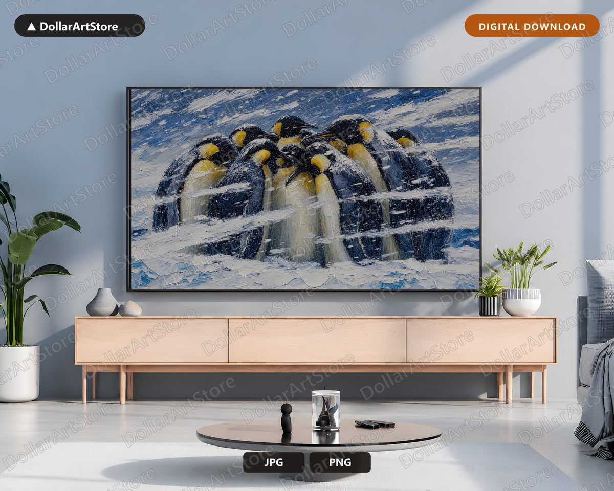 Cozy Arctic Penguins Winter Textured Frame TV Art