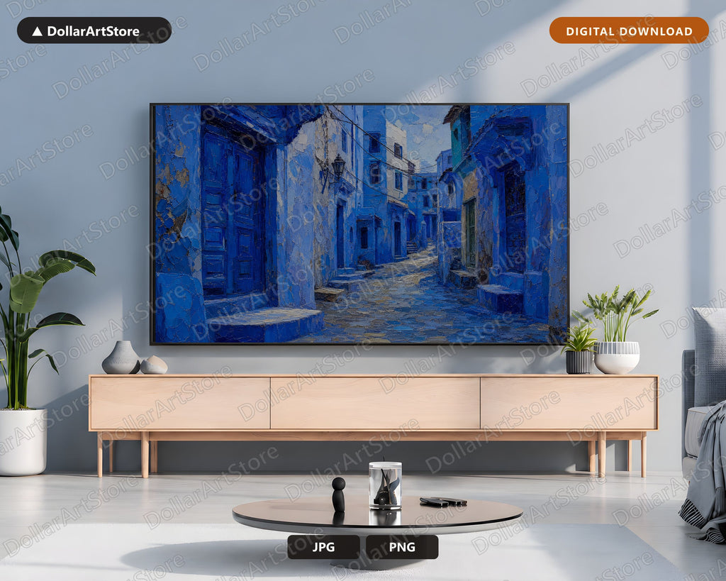 Textured Blue Street Scenery Frame TV Art, Samsung Frame TV Digital Download, 4K Architectural Art