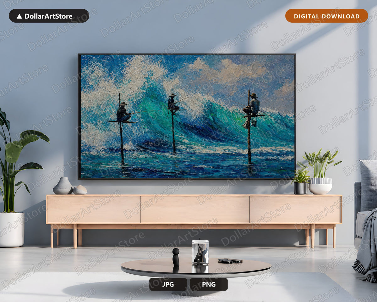 Cozy Coastal Frame TV Art, Fishermen Stilt Landscape Samsung Digital Download 4K