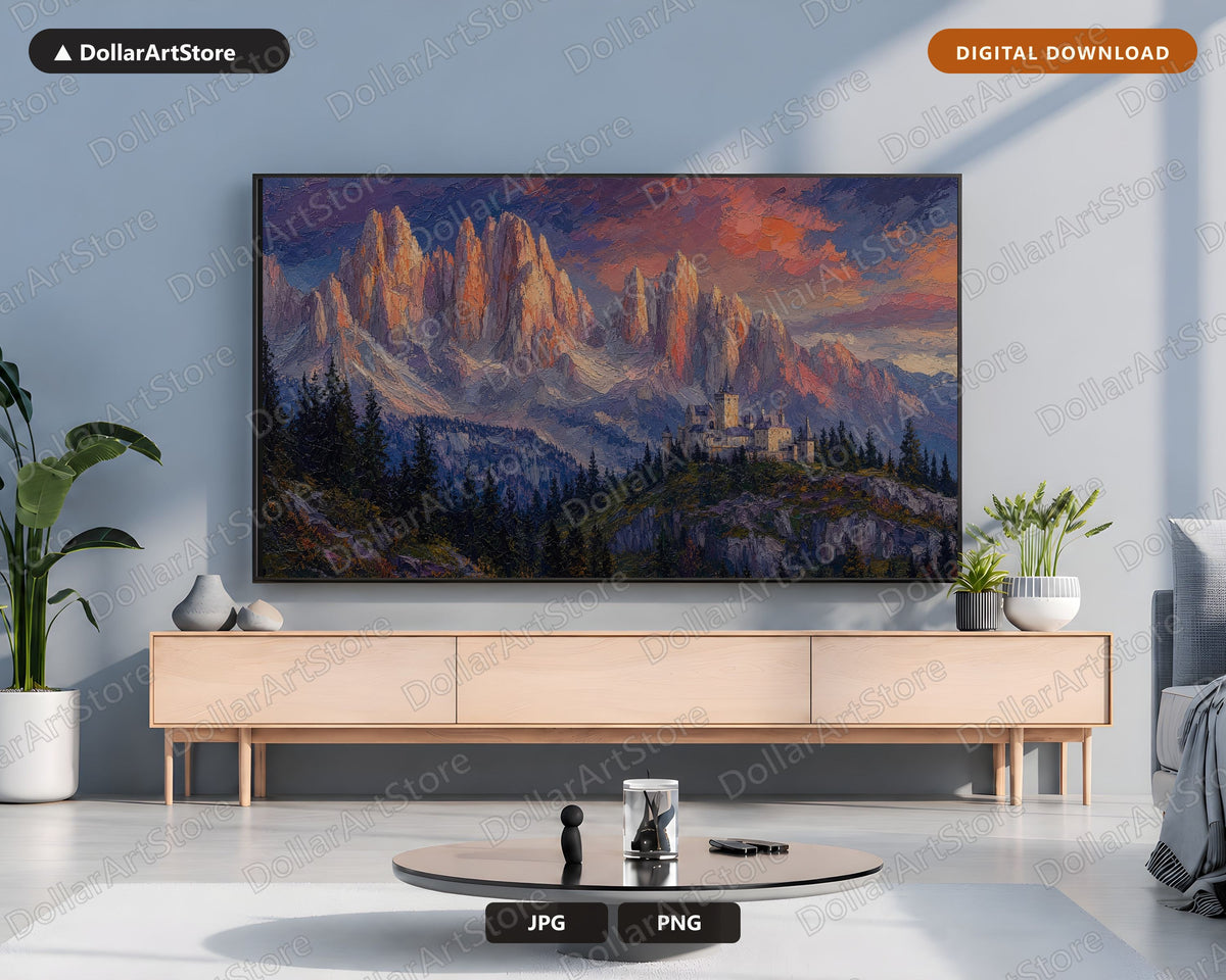 Textured Mountain Castle Frame TV Art, Scenic Landscape Digital Download, 4K TV Screensaver Art