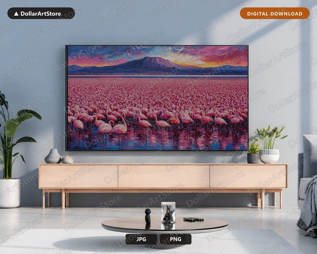 Textured Flamingo Landscape Frame TV Art, Samsung 4K TV Digital Download, Scenic Volcano Screensaver Art