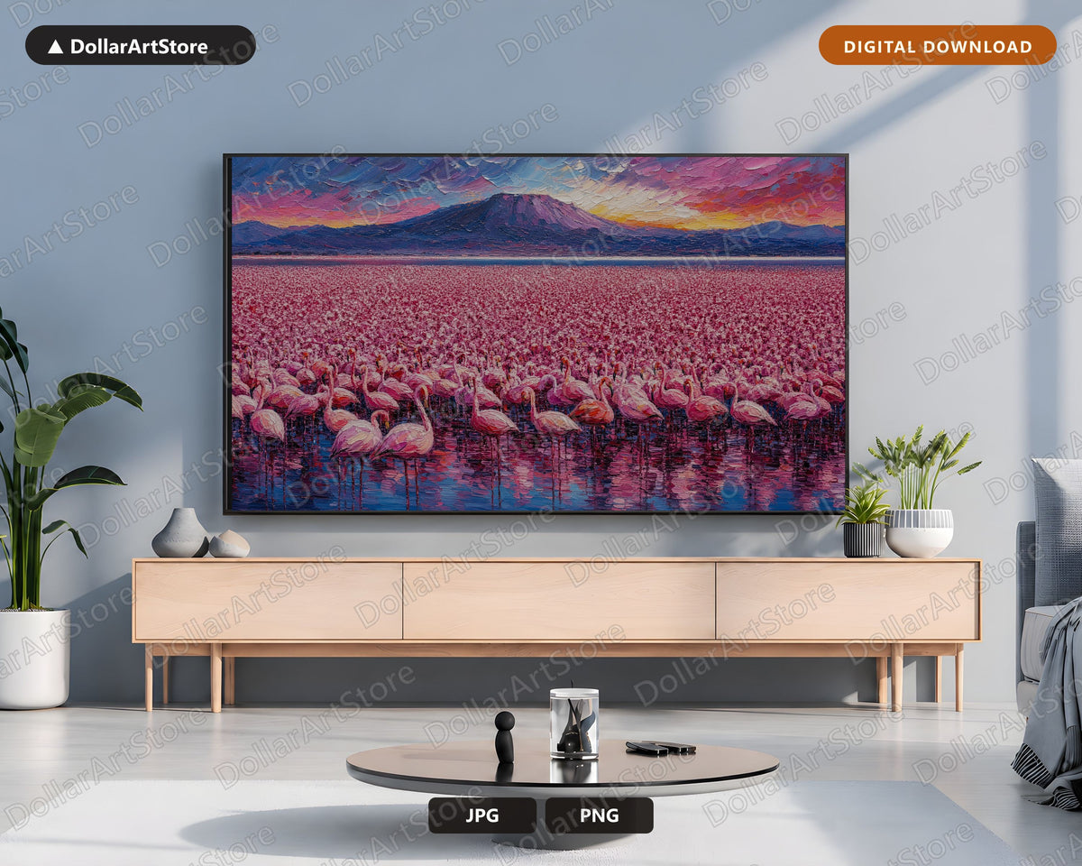 Textured Flamingo Landscape Frame TV Art, Samsung 4K TV Digital Download, Scenic Volcano Screensaver Art