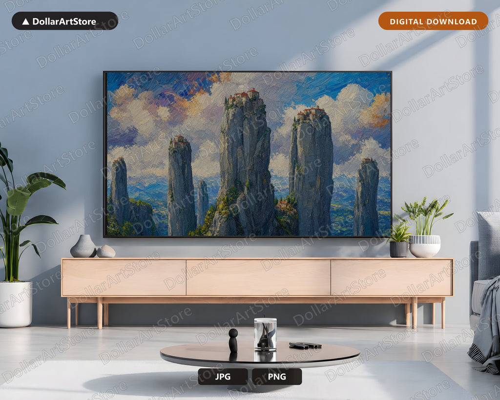 Cozy Textured Landscape Frame TV Art, Meteora Monasteries Greece, Samsung Frame TV Digital Download 4K