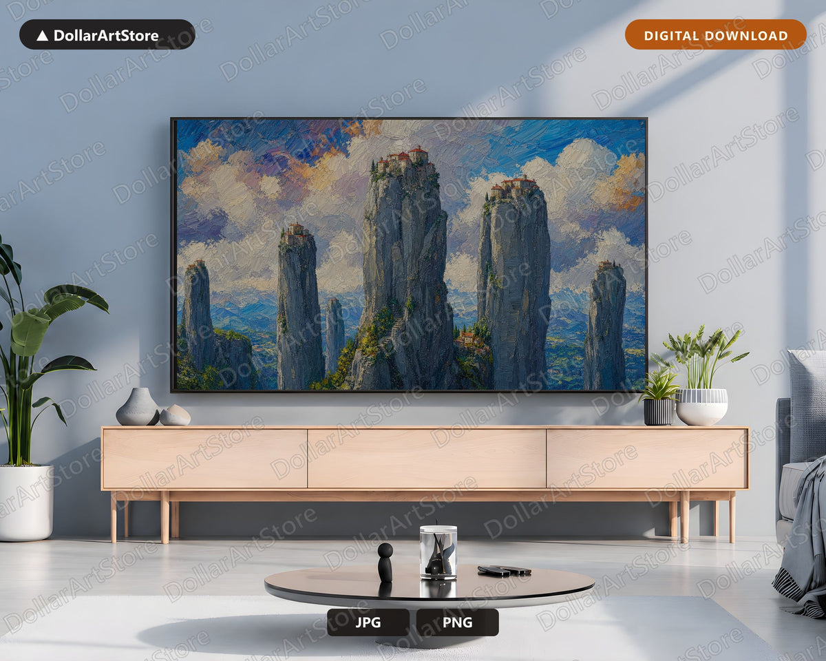 Cozy Textured Landscape Frame TV Art, Meteora Monasteries Greece, Samsung Frame TV Digital Download 4K