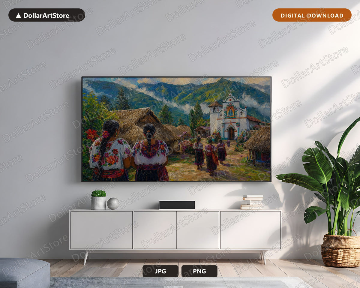 Cozy Mountain Village Frame TV Art, Samsung Frame TV Digital Download, 4K Textured Scenery
