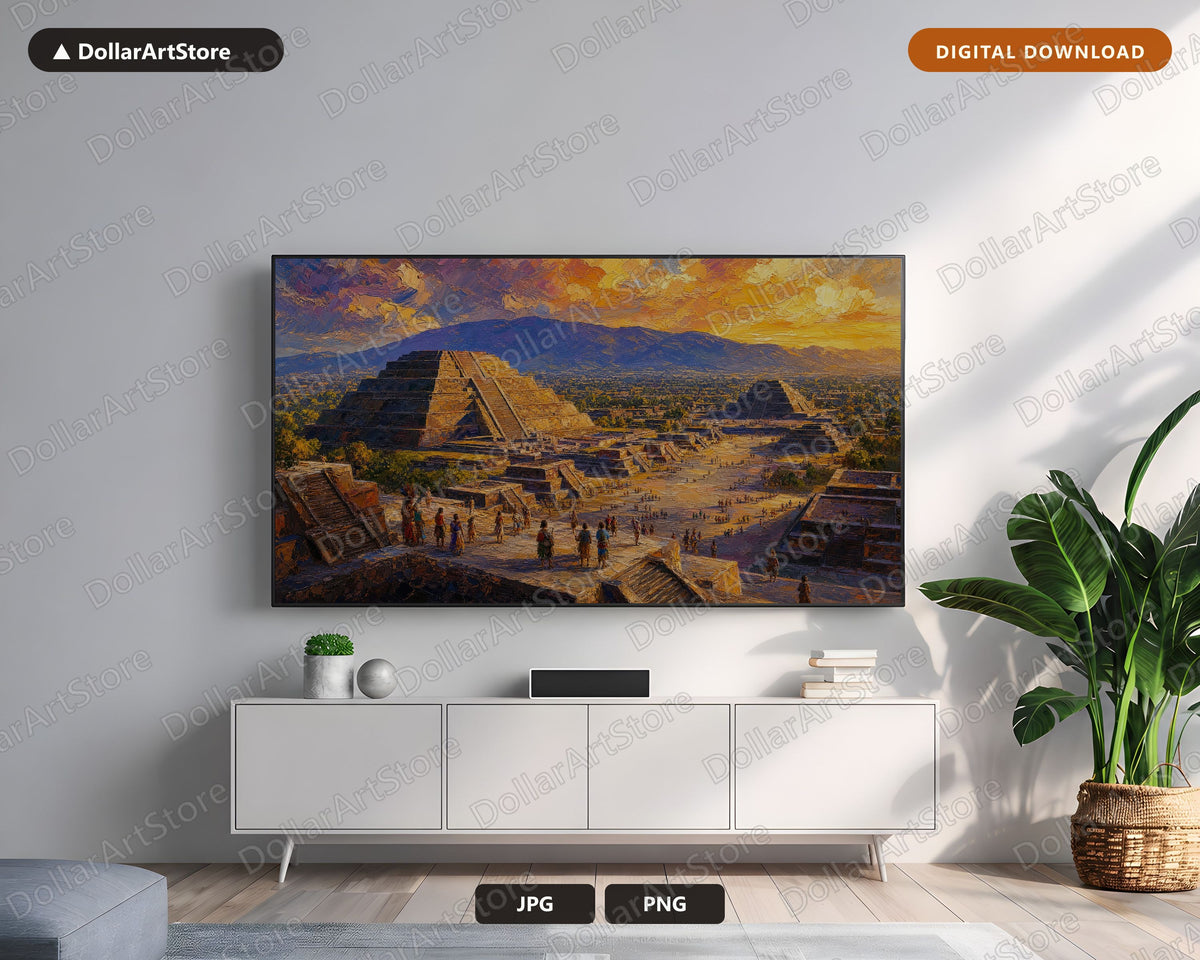 Cozy Teotihuacan Pyramid Frame TV Art, Textured Earthy Landscape Samsung Frame TV Digital Download, 4K TV Screensaver Art