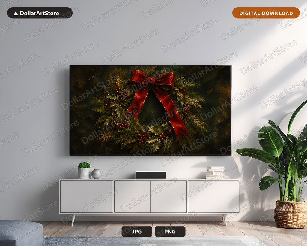 Cozy Holiday Wreath Frame TV Art, Red Bow Christmas Wreath Samsung Frame TV Digital Download 4K