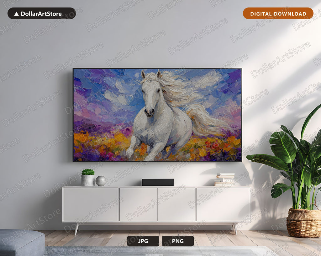 White Horse Frame TV Art, Samsung Frame TV Digital Download, Textured Landscape 4K Screensaver