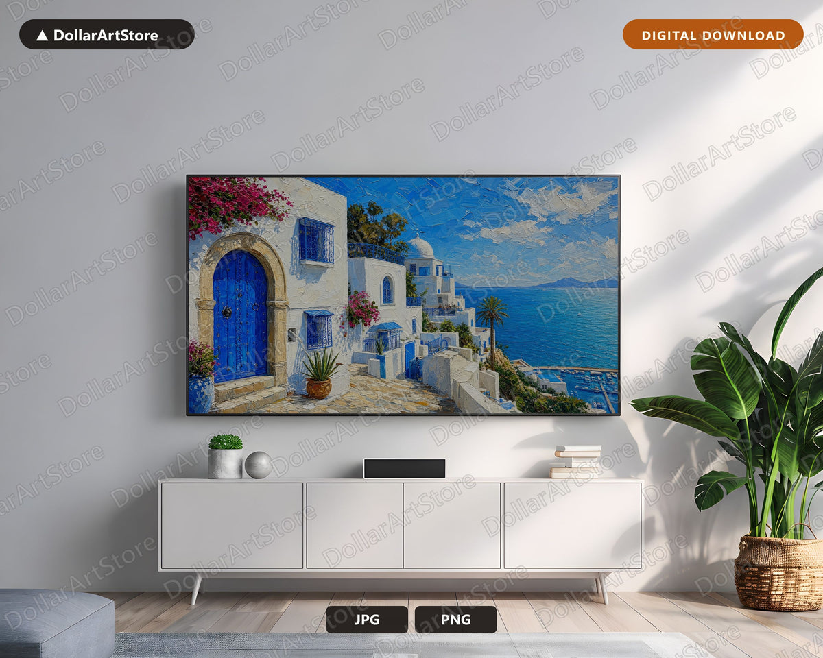 Cozy Mediterranean Coastal Frame TV Art, Samsung Frame TV Digital Download, 4K Textured Scenery