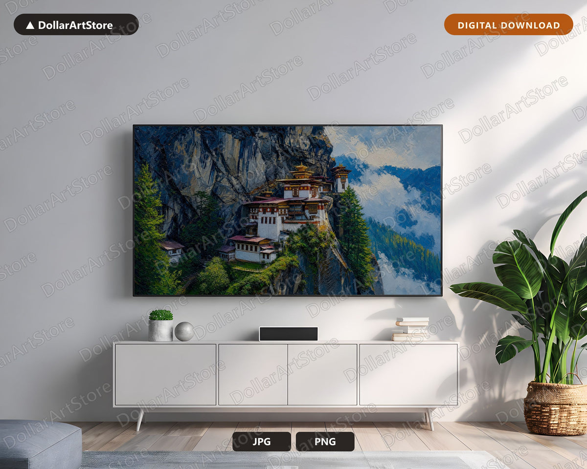 Cozy Mountain Monastery Frame TV Art, Samsung Frame TV Digital Download, 4K Landscape Screensaver