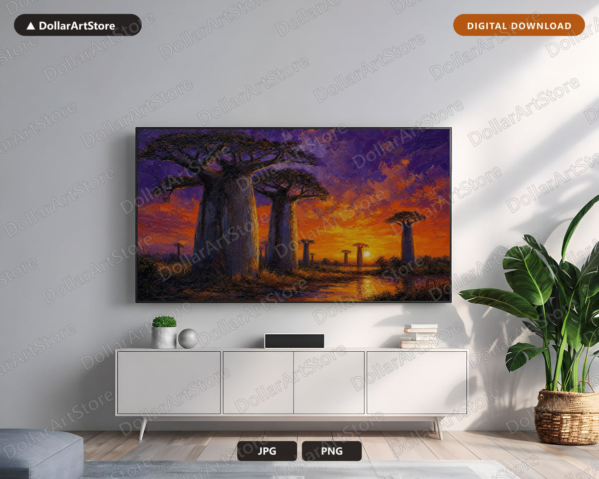 Cozy African Savanna Frame TV Art, Baobab Sunset Samsung Frame Digital Download 4K