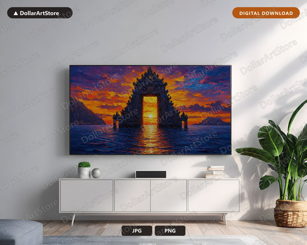 Cozy Sunset Frame TV Art, East Asian Temple Landscape, Samsung Frame TV Digital Download 4K