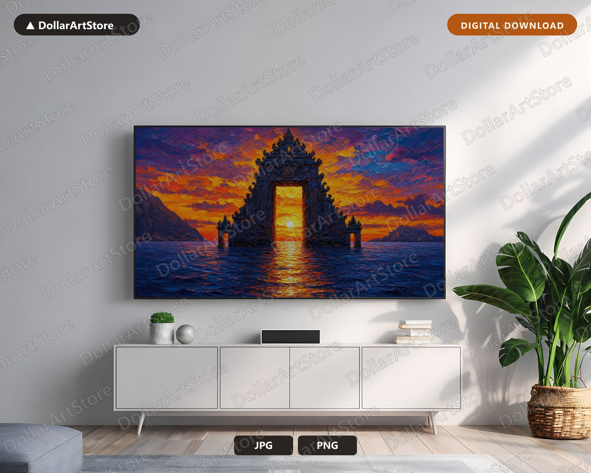 Cozy Sunset Frame TV Art, East Asian Temple Landscape, Samsung Frame TV Digital Download 4K
