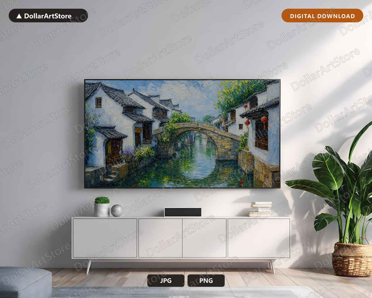 Cozy East Asia Frame TV Art, Samsung Frame TV Digital Download, 4K Textured Canal Scenery