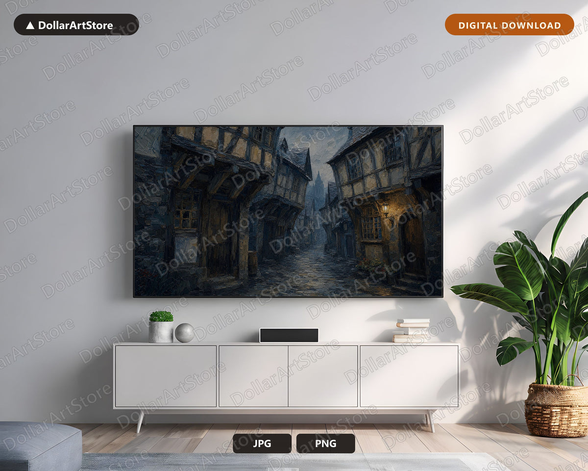 Moody Medieval European Street Frame TV Art, 4K Samsung Frame Digital Download, Textured Cobblestone Scenery