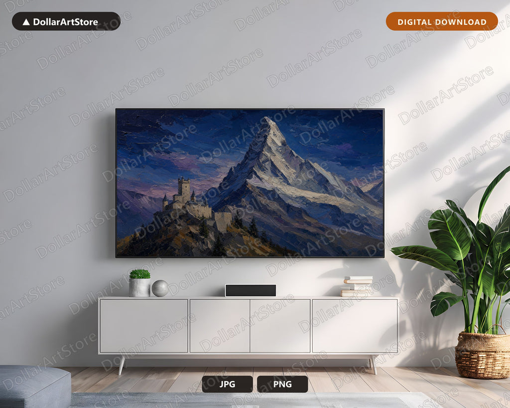 Alpine Castle Mountain Frame TV Art, Cozy Textured Landscape Samsung TV Download, 4K Scenery Screensaver
