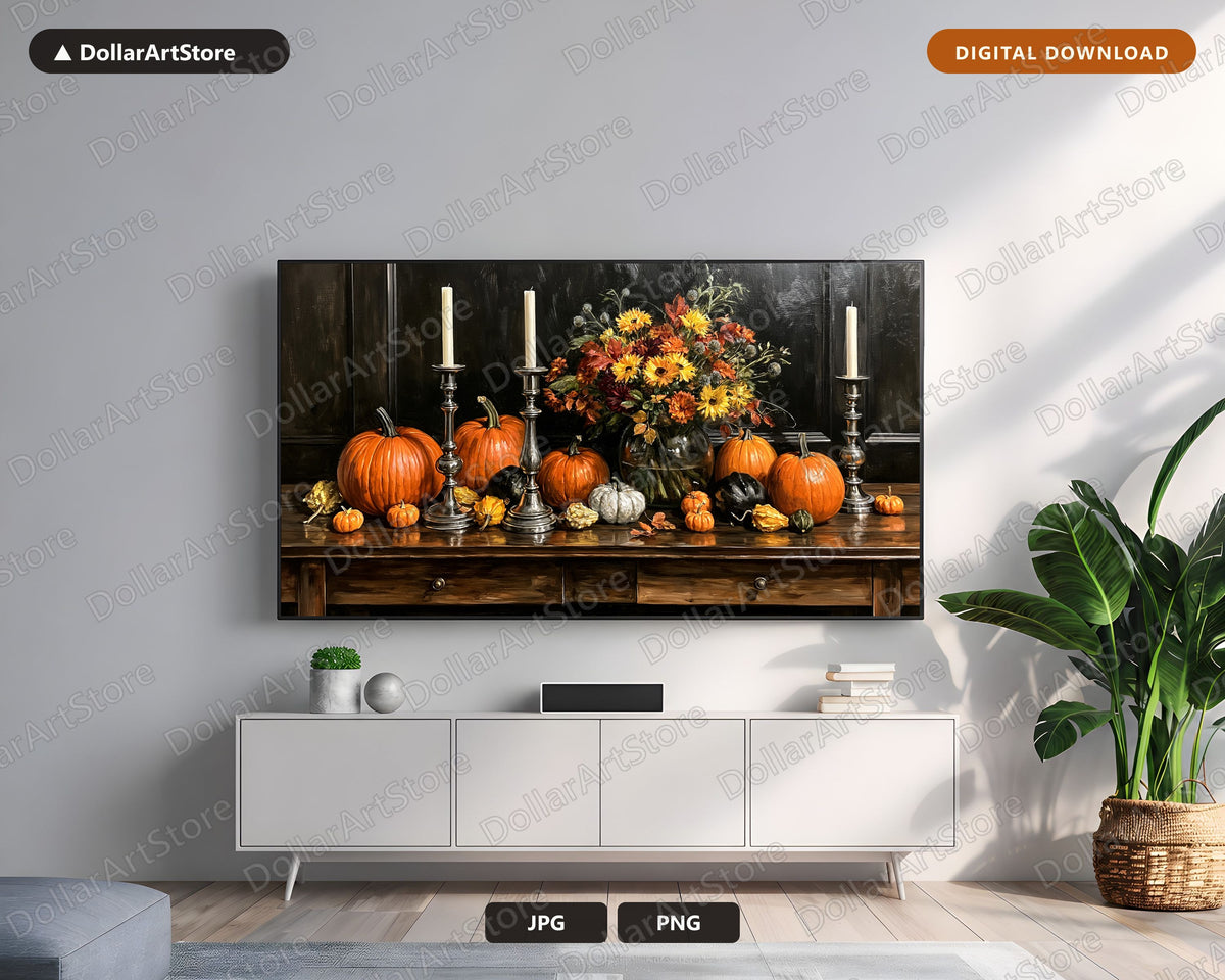 Vintage Autumn Still Life Frame TV Art, Samsung Frame TV Digital Download, 4K Pumpkin Floral