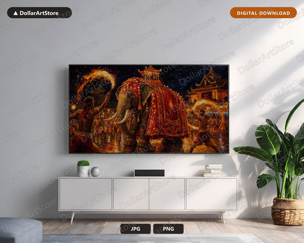 Cozy Textured Elephant Parade Frame TV Art, Samsung TV Digital Download, 4K Earthy Decor