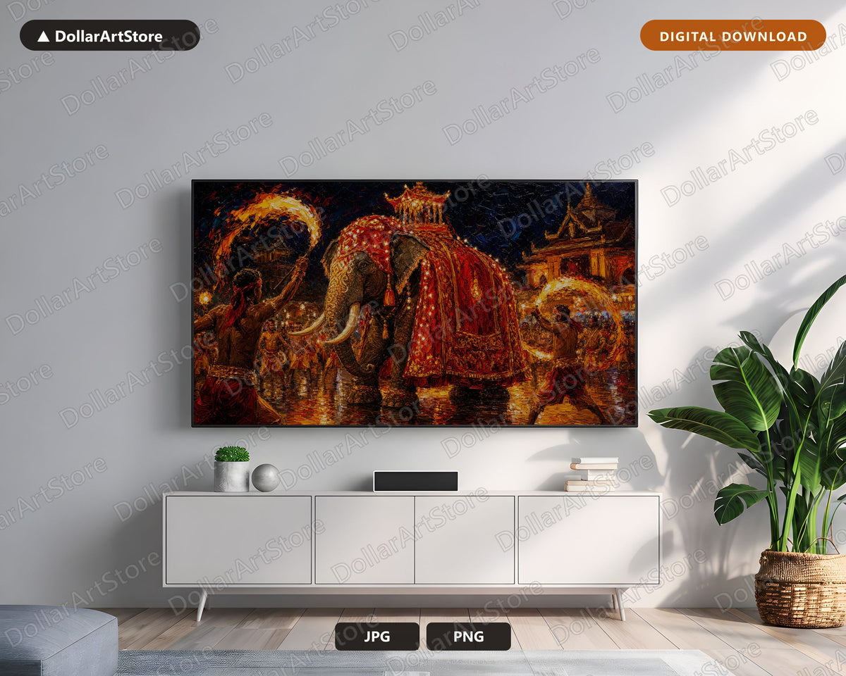 Cozy Textured Elephant Parade Frame TV Art, Samsung TV Digital Download, 4K Earthy Decor
