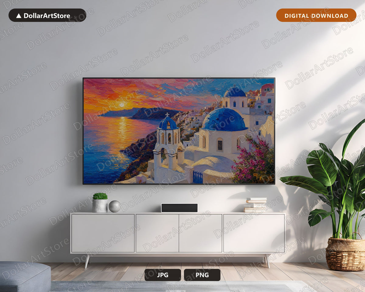 Cozy Santorini Sunset Frame TV Art, Samsung Frame TV Digital Download, 4K Textured Greek Island Scenery