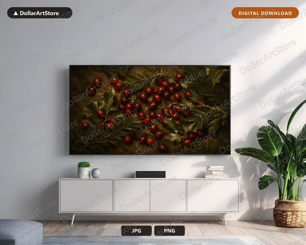 Holiday Frame TV Art, Red Berries Green Garland Samsung Frame TV Digital Download, Cozy Rustic Scenery